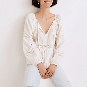 Madewell NWT Linen Blend Peasant Pintuck Crochet Bubble Sleeves Cream Top S